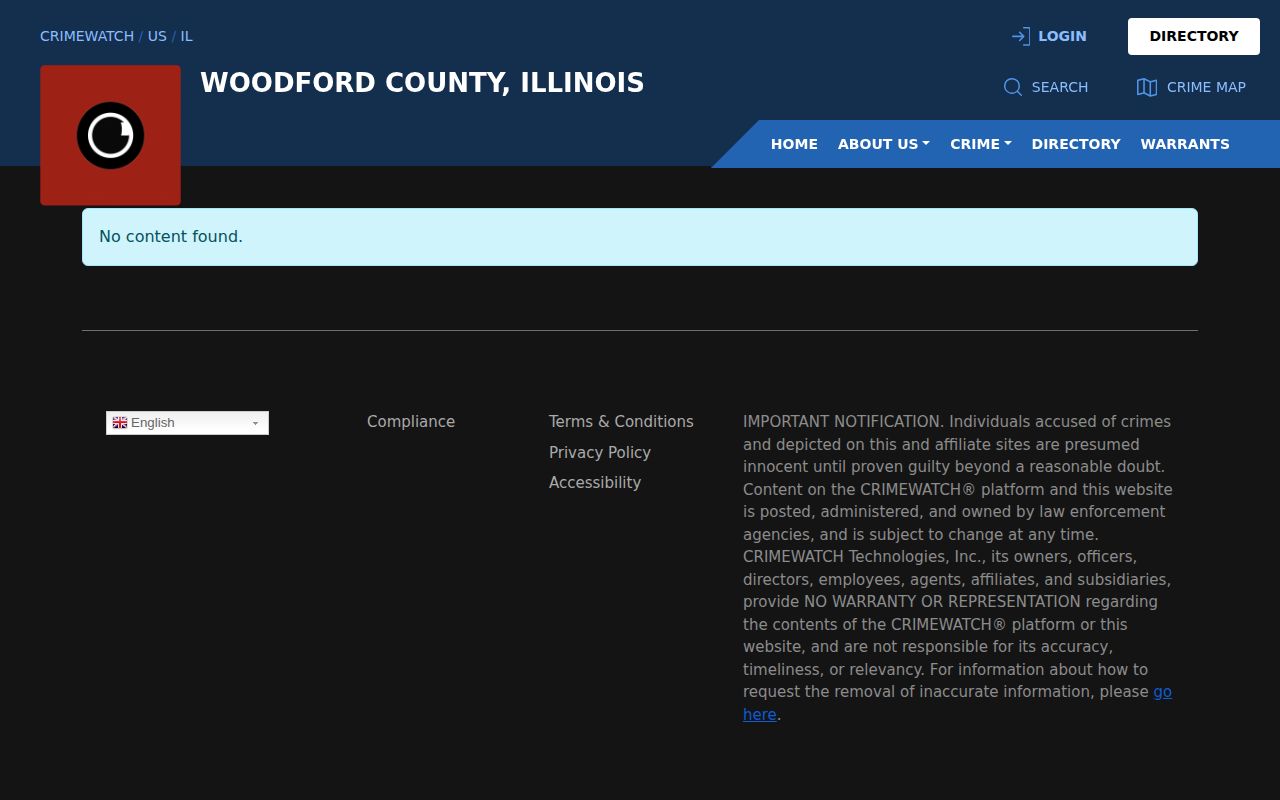CRIMEWATCH Woodford County warrant page showing no published content